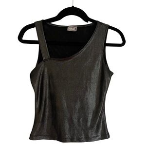 Black Shimmer Asymmetrical Sleeveless Mesh Tank